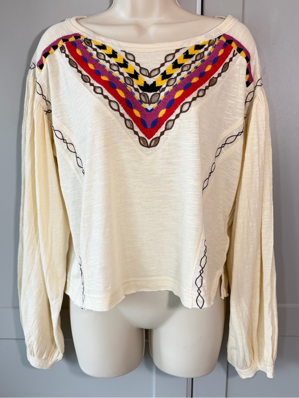 NWT Free People Long Sleeve Top Med Cream Embroidered Boho Hand Me Down Festival